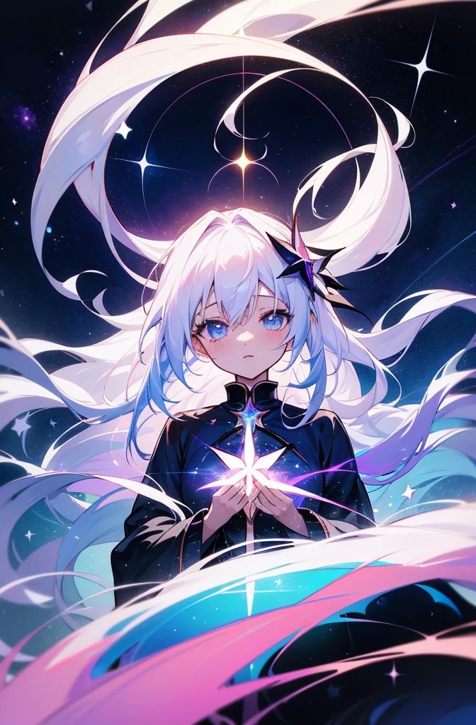 anime girl with long white hair and a star in her hair, white haired deity, anime girl with cosmic hair, star(sky) starry_sky, anime visual of a cute girl, splash art anime , white glowing aura, girl with white hair, ethereal anime, akasuki voidstar, celestial aura, nightcore, anime moe artstyle