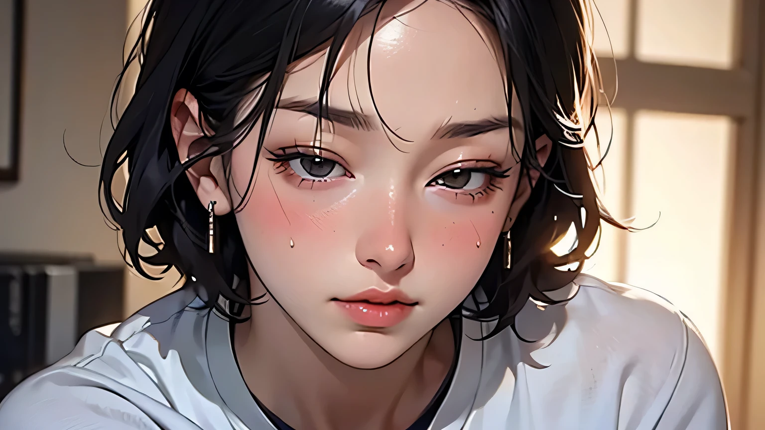 Beautiful Japanese actresses,Very detailed CG Unity 8k wallpaper, highest quality, Very detailed, masterpiece, Realistic, photo Realistic,,Sharp Nose, Detailed and seamless depiction of the nose,Age 25, logic, 腹logic, Round eyes, Audience, blush, Lips parted, Half Body Shot , Sportswear , Gym, Underarm, short hair,Showing Underarm to your audience,Half-closed eyes, Frowning, Open your mouth,((Sweat))