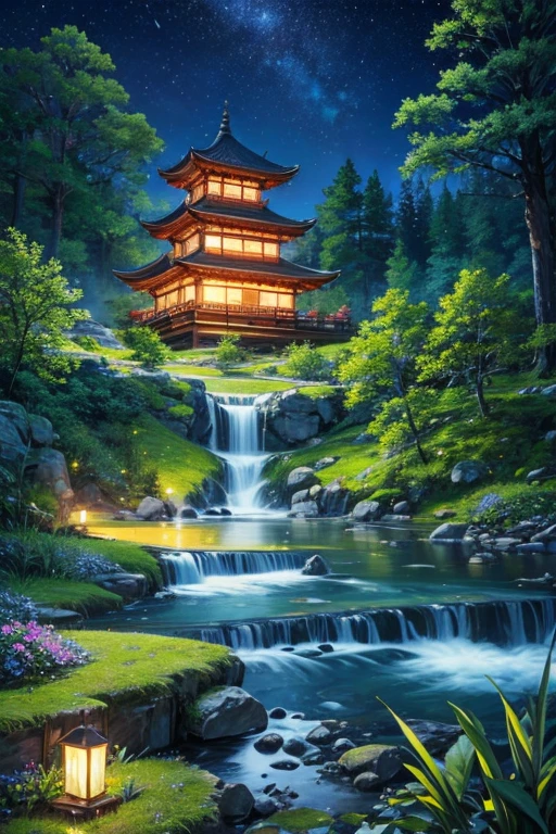 highest quality、landscape、night、Lush forest、Beautiful views