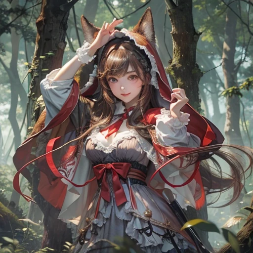 Standing in the forest、Hair flow、 ((highest quality、masterpiece、8k、Best image quality、Ultra-high resolution、Award-winning works)、(Accurate anatomy:1.1)、(Look at me and smile:1.1)、Shining fair skin with Ultra-high resolution、The most detailed face、Ultra-high resolution detailed face、Ultra-high resolutionの髪の毛、(Ultra-high resolution eye:1.1)、Beautiful face drawn in every detail、little red riding hood Costumes , Chest to chest, Strange atmosphere, A real werewolf stares at her......., Dark Light, in the forest , Heavy makeup