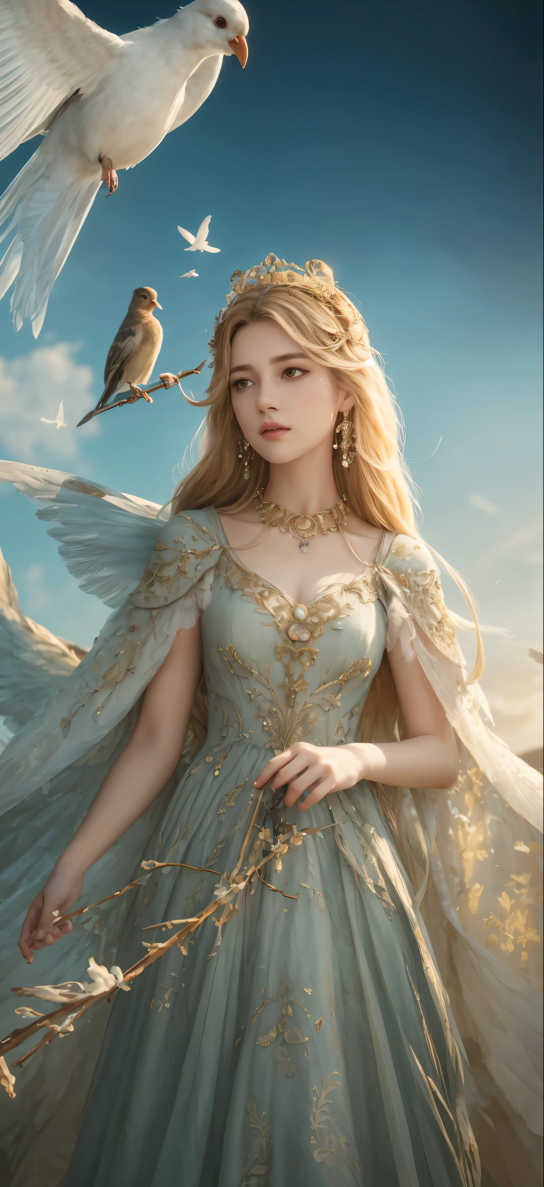 a woman in a dress holding a bird and a bird on a stick, detailed full body concept art, character full body portrait, highly detailed exquisite fanart, epic exquisite character art, full body concept art, the non-binary deity of spring, beautiful detailed eyes, beautiful detailed lips, extremely detailed eyes and face, long eyelashes, intricate dress, ornate jewelry, flowing hair, detailed feathers, warm lighting, soft color palette, cinematic composition, photorealistic, 8k, best quality, masterpiece