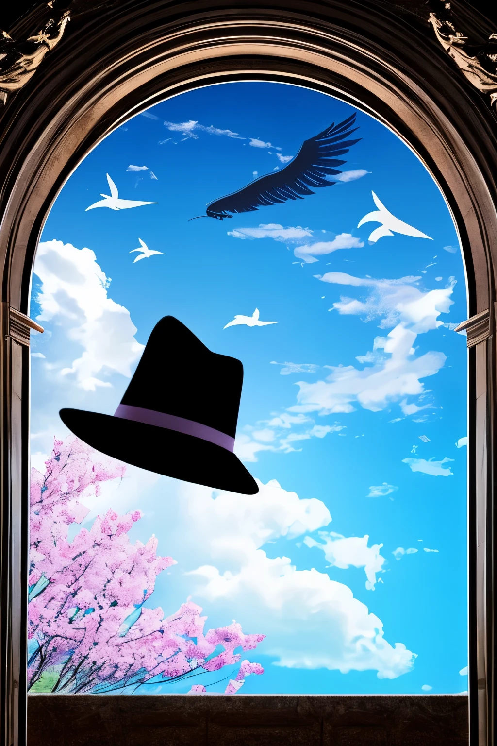 Black hat with angel wings,Through a black arched gateway,I fly toward the blue sky,Wads of money fluttering all around there,luminous design, pastel colours, spring lights