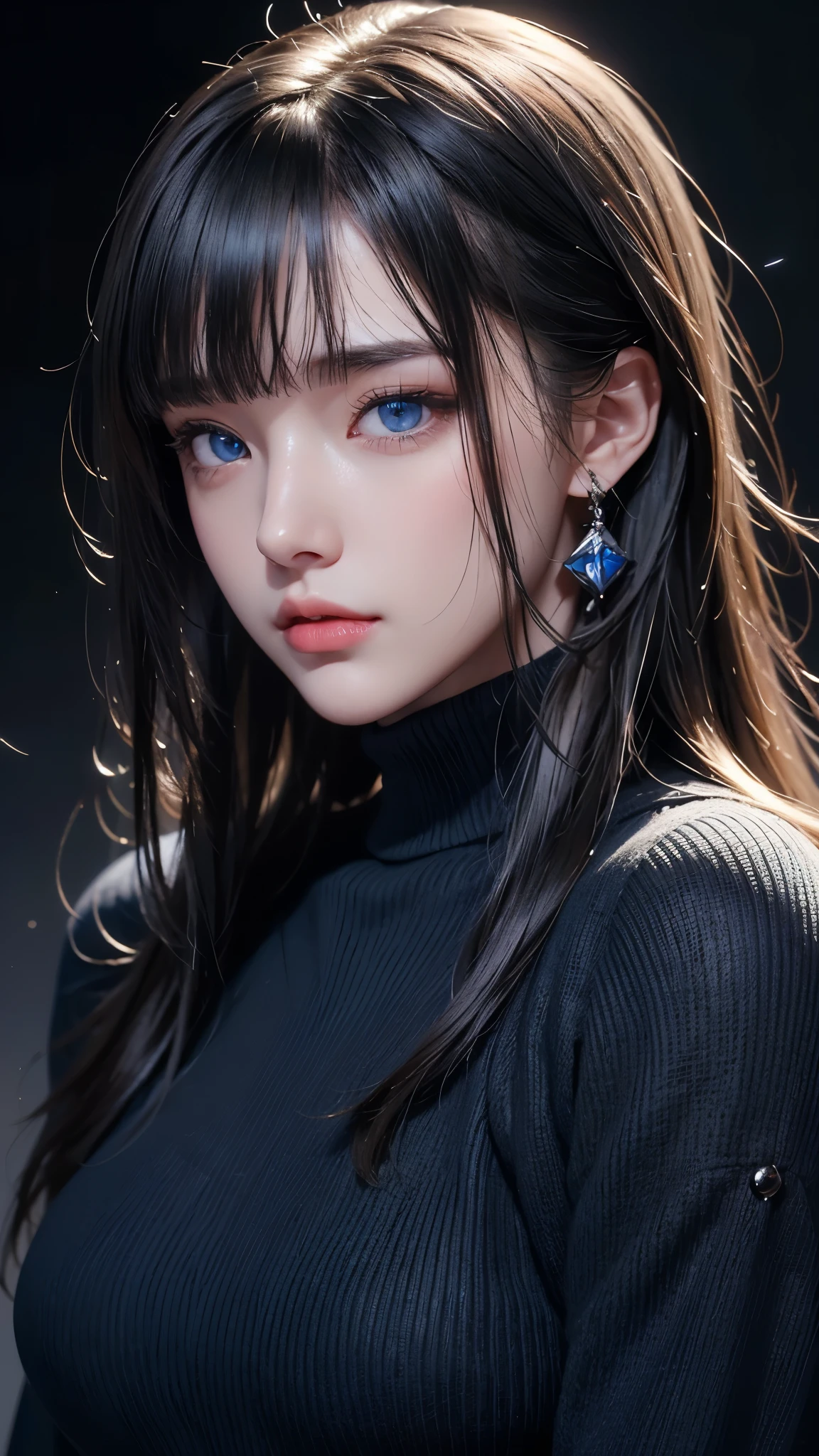 masterpiece, highest quality, Super detailed, Facing the camera, 複雑に詳細なSuper detailed, Realistic, Sharp features, Very detailed, Sharp focus, Perfect Face, Perfect Face, Perfect symmetrical perfect eyes, Perfect Plump Lips, Flexible female form, Cinematic, Film Light, Super detailed, hyper Realistic, masterpiece, Atmospheric, High resolution, Vibrant, Dynamic Studio Lighting, ((Dark Background)), The expression when enduring pleasure, Straight bangs, blue eyes,Black sweater, Cowboy Shot,turtleneck、first round、Sexually aroused expression