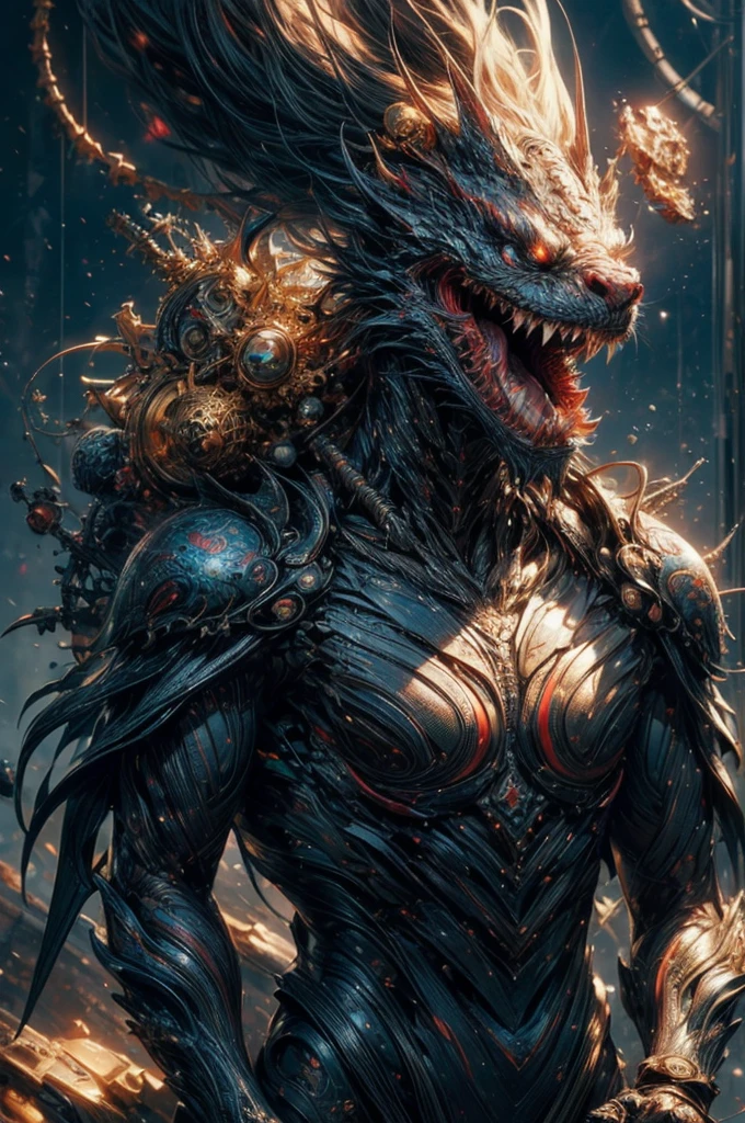 Complex 3D rendering of [[a highly detailed head of a dragon]]、150mm、Beautiful studio soft lights、Rim Light、Vivid details、luxurious cyberpunk、Ren Hao、surrealistic、Anatomical、octan render、8K、top-quality、​masterpiece、illustration、extremely delicate and beautiful、highly detailed、Unity ,wall-,magnifica, Attention to detail, ​masterpiece, top-quality, Official art, Highly detailed ticker Unity 8K wallpapers、nfsw mechanism, abyss、Shooting with a wide-angle lens, Lightning from Kaleidoscope Hand、Neon light, 8K, raw, Best Quality, mastepiece, 超A high resolution, Colorful, (medium wide shot), (Dynamic perspective), The whole picture、sharp focus , (depth of field f16), highly detailedな目と顔, ninjartist, Trimmed gear:1.2), ((mastepiece, Best Quality)), Detailed background, Photographed with Canon R5, ​masterpiece