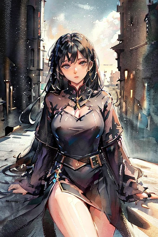 name: "Dark Sovereign"
material: digital graphics Size: 50x70 cm Idea: This anime art depicts the dark ruler, sitting on a throne in her domain. Her black hair falls in wavy curls down her back., and blue eyes shine with power and confidence. She sits on the throne in a cool pose, one leg crossed over the other, and your hands are confidently placed on the armrests. In her gaze you can see a mixture of composure and authority, and the background, probably, represents dark and gloomy landscapes, reflecting her power and strength.