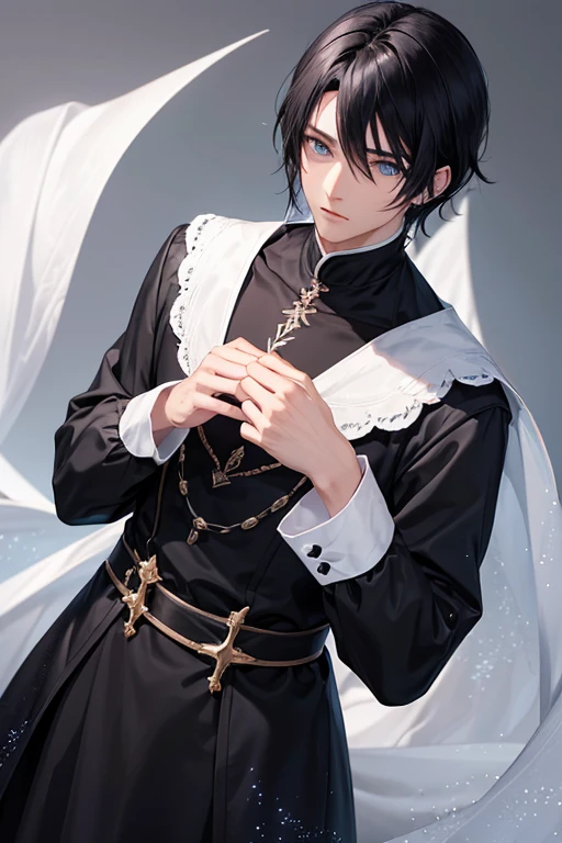 Black Hair Anime Male Sparkling Asahi Fantasy Gothic Long sleeve White clothes kind Calm bangs Handsome Blue Eyes Patting the head