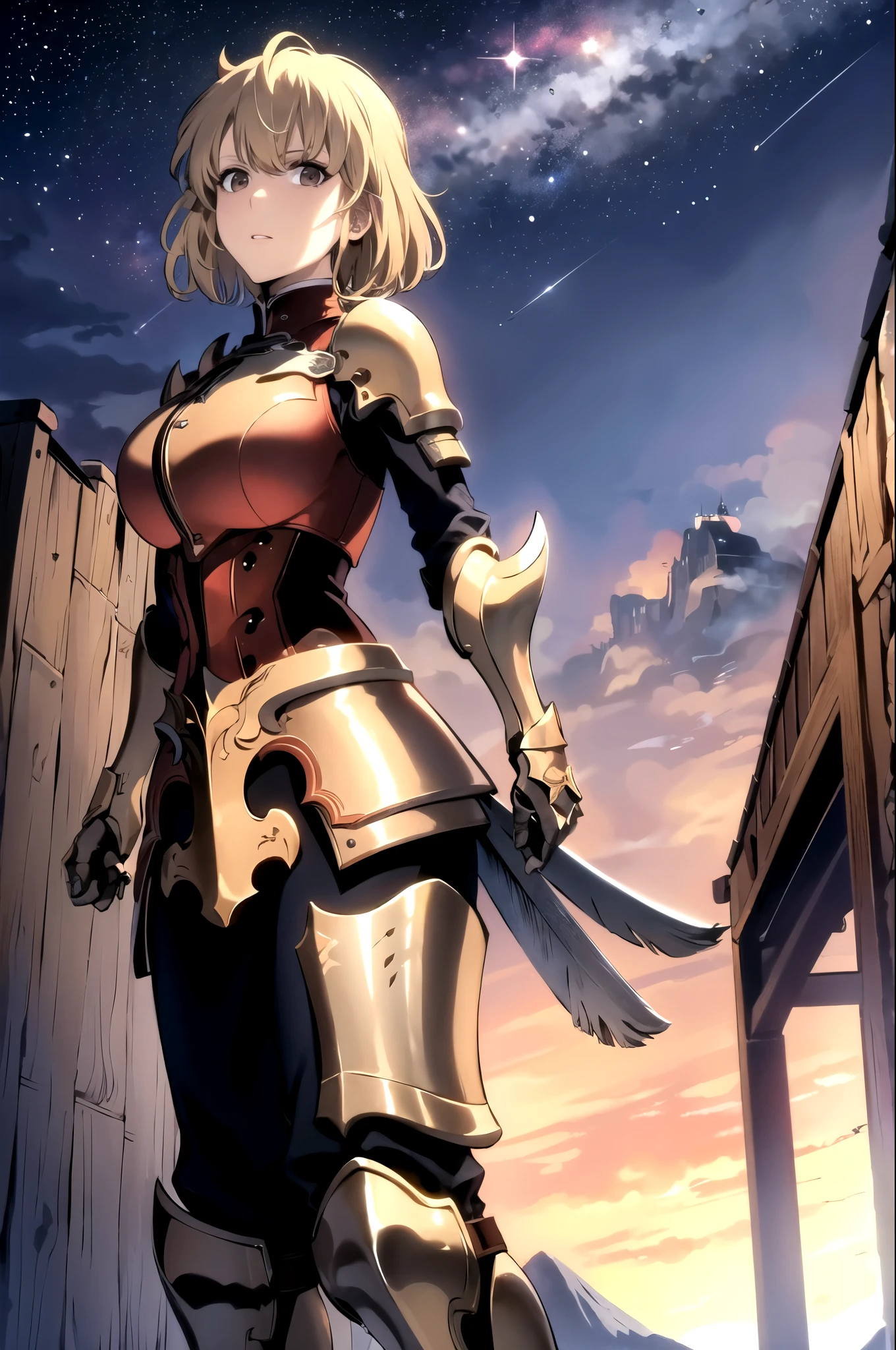 best quality, (masterpiece:1.2), detailed,
cha hae-in,
blonde hair, short hair, brown eyes, 
red armor, gauntlets,
standing, looking at viewer, 
mountains, night, starry sky