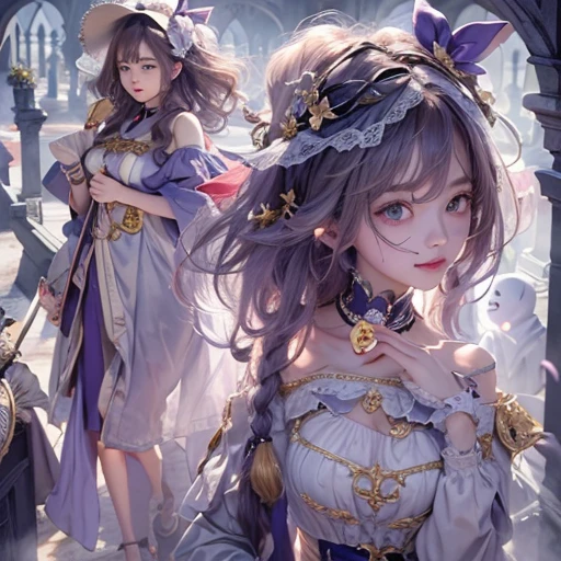 Standing in the grave、Hair flow、 ((highest quality、masterpiece、8k、Best image quality、Ultra-high resolution、Award-winning works)、(Accurate ???????:1.1)、(Look at me and smile:1.1)、Shining fair skin with Ultra-high resolution、The most detailed face、Ultra-high resolution detailed face、Ultra-high resolutionの髪の毛、(Ultra-high resolution eye:1.1)、Beautiful face drawn in every detail、Cheerful clown costume, Chest to chest, Strange atmosphere, Ghosts flow, Dark Light, At the cemetery, Heavy makeup