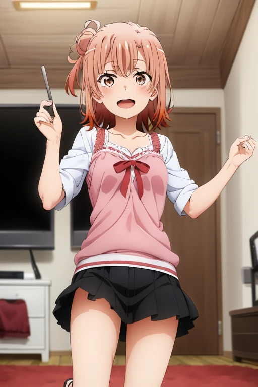 ((highest quality)), ((masterpiece)), (be familiar with), Perfect Face, indoor, Bedroom, Watching the audience,
One woman, Yuigahama Yui,
Open Mouth, Ecstatic expression, blush, smile,
Small breasts, Flat Chest, Young Girl, , , Girl,
Short Hair, Salmon-colored hair, Salmon-colored eyes, Side Pony,
Leg spread,