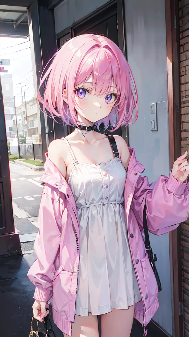 Pink Hair,Purple Eyes,short hair,Sister's Avatar,Two black hairpins,girl,Lovely,Smiling expression,Happy and happy expression,Plaid skirt,Small leather shoes,White socks,whole body,Standing on the ground,Don't show your arms,Background is the beach,Blue sky and white clouds