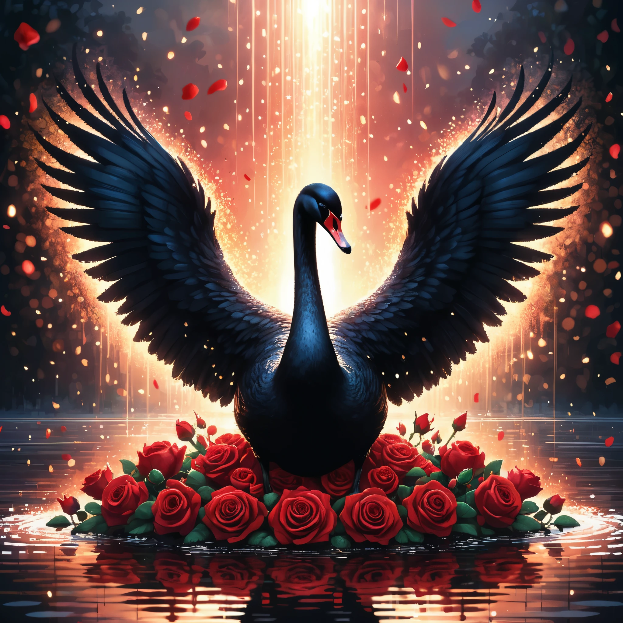 Professional cartoon pixel illustration, (masterpiece in maximum 16K resolution, superb quality, ultra detailed:1.3), front view of a grand black swan with wings spread wide, red roses floating on the water surface, (ethereal light particles), blurry warm background.