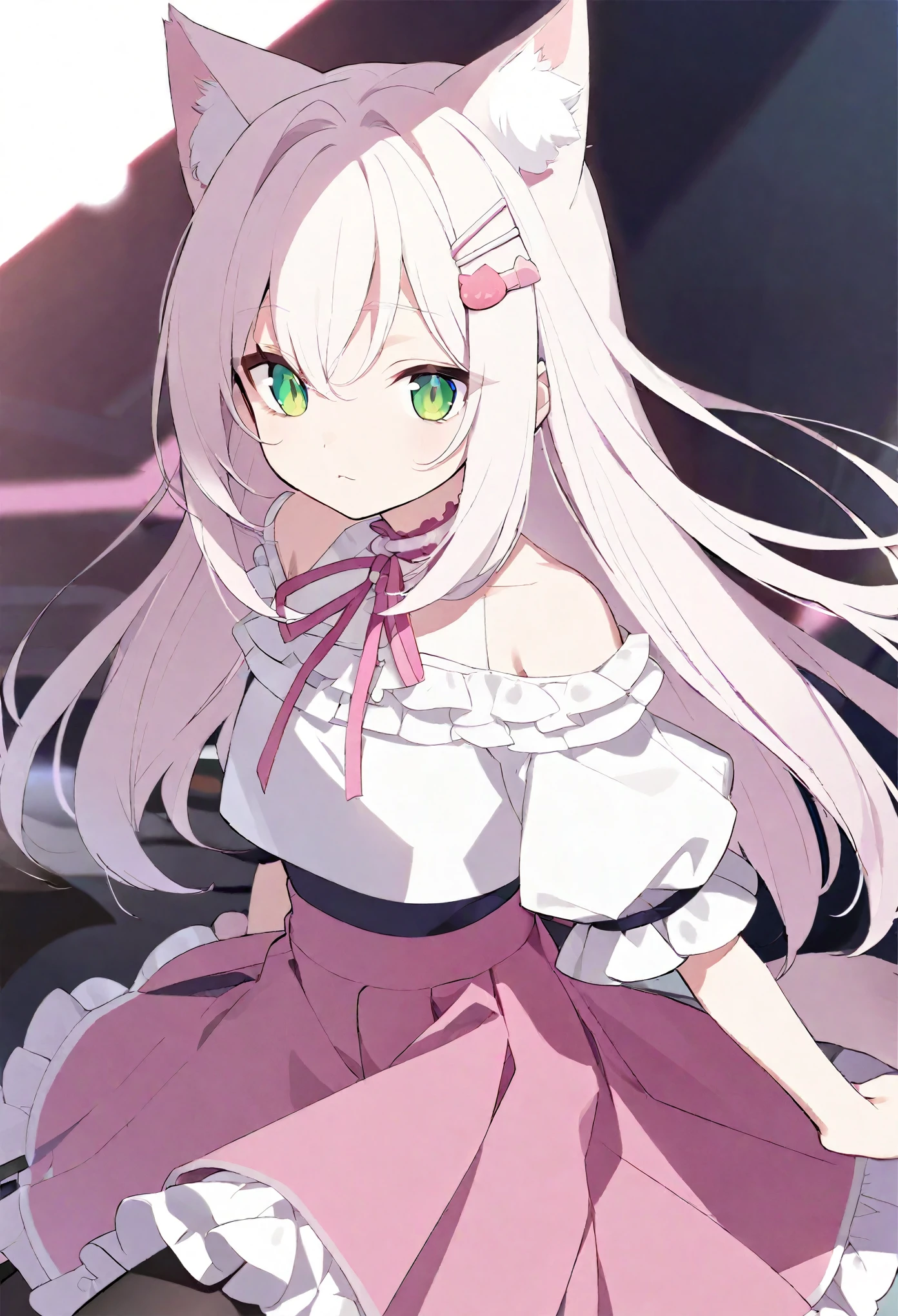 ((Anime cat girl)), ((White long hair)), ((Green eyes)), ((White Ruffled off-shoulder shirt with oversized short sleeves)), ((Long pink skirt)), (Black stockings)), ((Pink neck ribbon)), ((Hairclip)). 