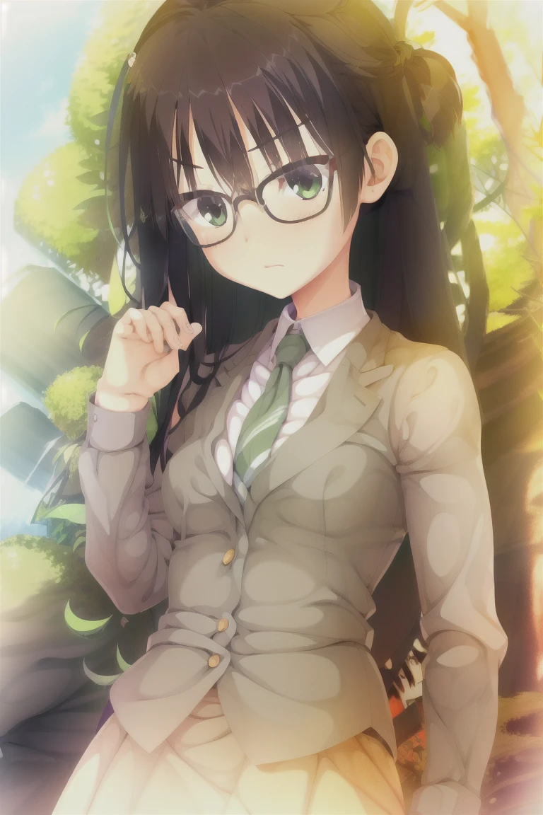 One girl,Glasses,Silver_Grass,ellipse_lens,black_hair,short_ponytail,black_hair,Emerald_green_eyes,blush,笑face,Open_mouth,small_chest,School_uniform,Light_green_shirt,length_sleeve,green_and_white_Striped_tie,black_hair,前hair,Sensitive,i doubt it,general,expensive_solve, clear_image, expensive_Contrast, 8k, Sparkling, beautiful_detailed_face_and_eye, white eye,