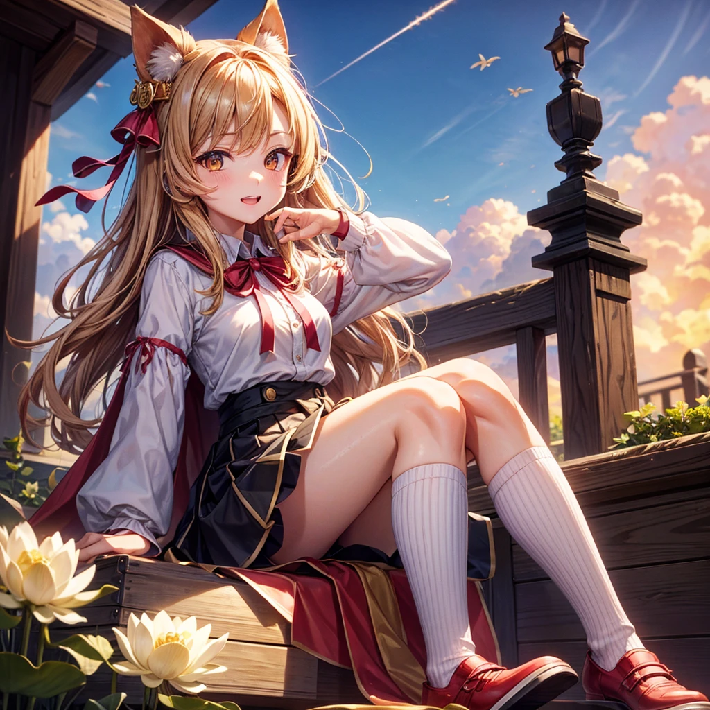 Pink gold golden hair、Golden Eyes、One good looking girl、solo、anime、Checkered mini skirt、Ruffles on the skirt、Red T-shirt、Cape、Gothic、Black knee-high socks、Wearing a ribbon、Ribbon on waist、Tilting face、Teeth are visible、Sunset sky、Piercing the clouds、Contrail、lens、tree、Touching your face、lotus leaves、Cumulonimbus、Pillar of Light、Magic wand、Sitting on top of a treasure chest