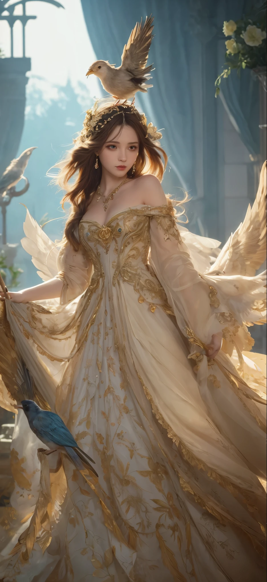a woman in a dress holding a bird and a bird on a stick, detailed full body concept art, character full body portrait, highly detailed exquisite fanart, epic exquisite character art, full body concept art, the non-binary deity of spring, beautiful detailed eyes, beautiful detailed lips, extremely detailed eyes and face, long eyelashes, intricate dress, ornate jewelry, flowing hair, detailed feathers, warm lighting, soft color palette, cinematic composition, photorealistic, 8k, best quality, masterpiece