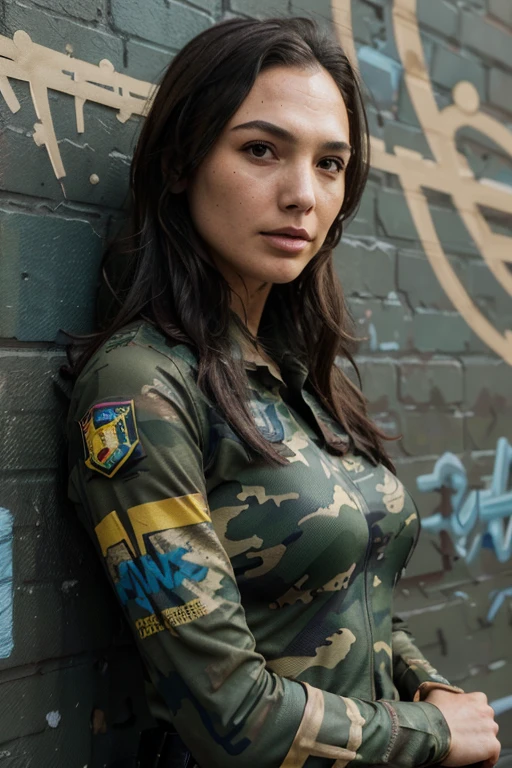 Heavily armed Gal Gadot in wide open military camouflage blouse as graffity at wall, beside Ukrainian flag. Highly detailed, Graffiti art, detailed face, perfect face, 8K, Highly quality, Realistic face, view real textured skin, intricately detailed skin, perfect lips, detailed fingers, perfect eyes, Perfect Hands, blue-yellow flags on Heaven, Close-up 
