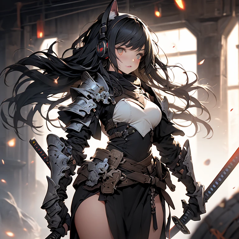 Create an AI illustration of a ridiculous young girl with long hair, hime-cut, White and black hair, two tone color hair, Beautiful detailed hair, Black eyes,cat_Year headphones. She was like a samurai, Standing on the battlefield with a magazine. She wears armor, But pair it with a miniskirt,Black platform shoes show off their unique style. Please generate illustrations in the highest possible quality.Pronounced muscles,fluffy ears
