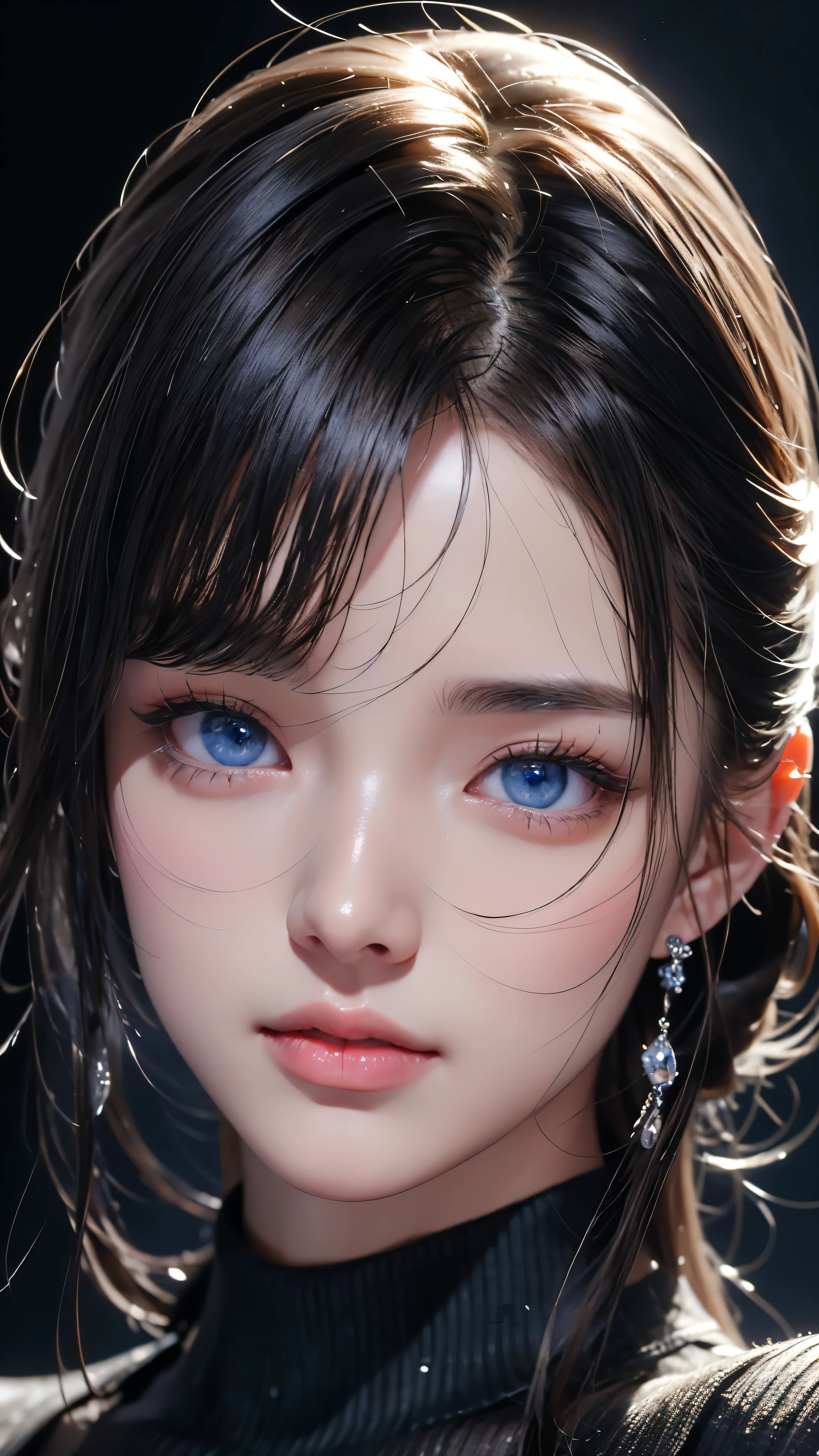 masterpiece, highest quality, Super detailed, Facing the camera, Super detailed, Realistic, Sharp features, Very detailed, Sharp focus, Perfect Face, Perfect Face, Perfect symmetrical perfect eyes, Perfect Plump Lips, Flexible female form, Cinematic, Film Light, Super detailed, hyper Realistic, masterpiece, Atmospheric, High resolution, Vibrant, Dynamic Studio Lighting, ((Dark Background)), The expression when enduring pleasure, Straight bangs, blue eyes,Black sweater, Cowboy Shot,turtleneck、first round、Sexually aroused expression