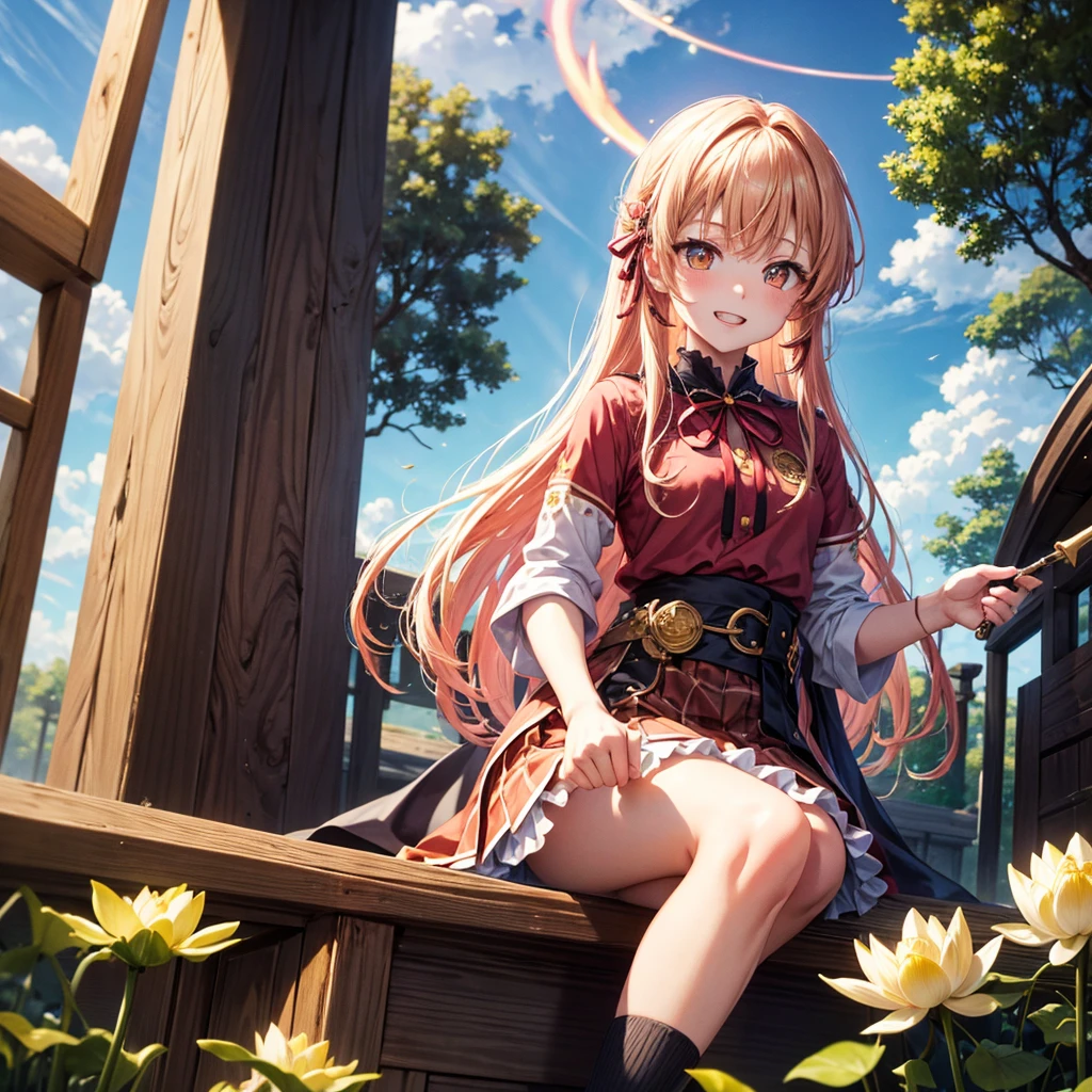 Pink gold golden hair、Golden Eyes、One good looking girl、solo、anime、Checkered mini skirt、Ruffles on the skirt、Red T-shirt、Cape、Gothic、Black knee-high socks、Wearing a ribbon、Ribbon on waist、Tilting face、Teeth are visible、Sunset sky、Piercing the clouds、Contrail、lens、tree、Touching your face、lotus leaves、Cumulonimbus、Pillar of Light、Magic wand、Sitting on top of a treasure chest
