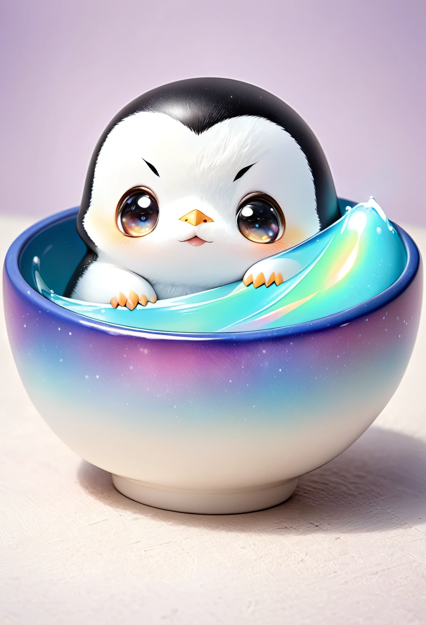 chibi, super deformed, furry, funny, fluffy, best quality, masterpiece, a cute baby penguin peeking out of a beautiful painted ceramic bowl, iridescent shining, pastel color image effects