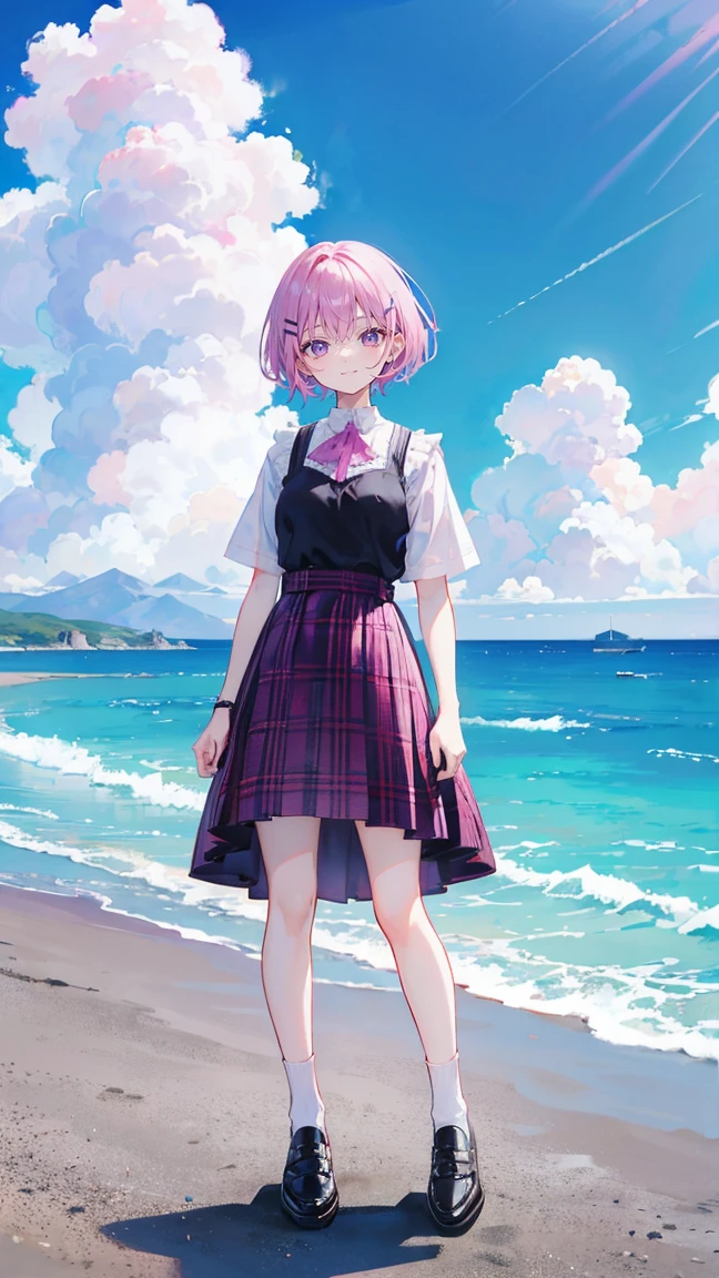 Pink Hair,Purple Eyes,short hair,Little sister head,Black hairpin,girl,Lovely,Smiling expression,Happy and happy expression,Plaid skirt,Small leather shoes,White socks,whole body,Standing on the ground,Don't show your arms,Background is beach,Blue sky and white clouds
