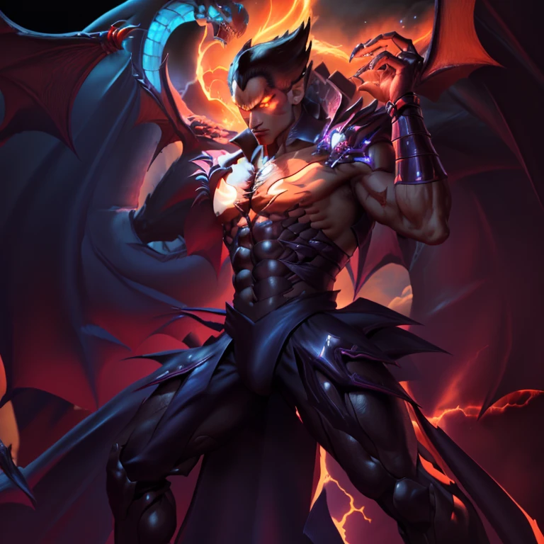 a close up of a cartoon character with a dragon on it, male djinn man demon hybrid, yugioh style, yugioh art style, colorful muscular eldritch, full body savage devilman, muscled humanoid balrog demon, djinn man male demon, mega legendary, darius puia, human and dragon fusion, slifer the sky dragon