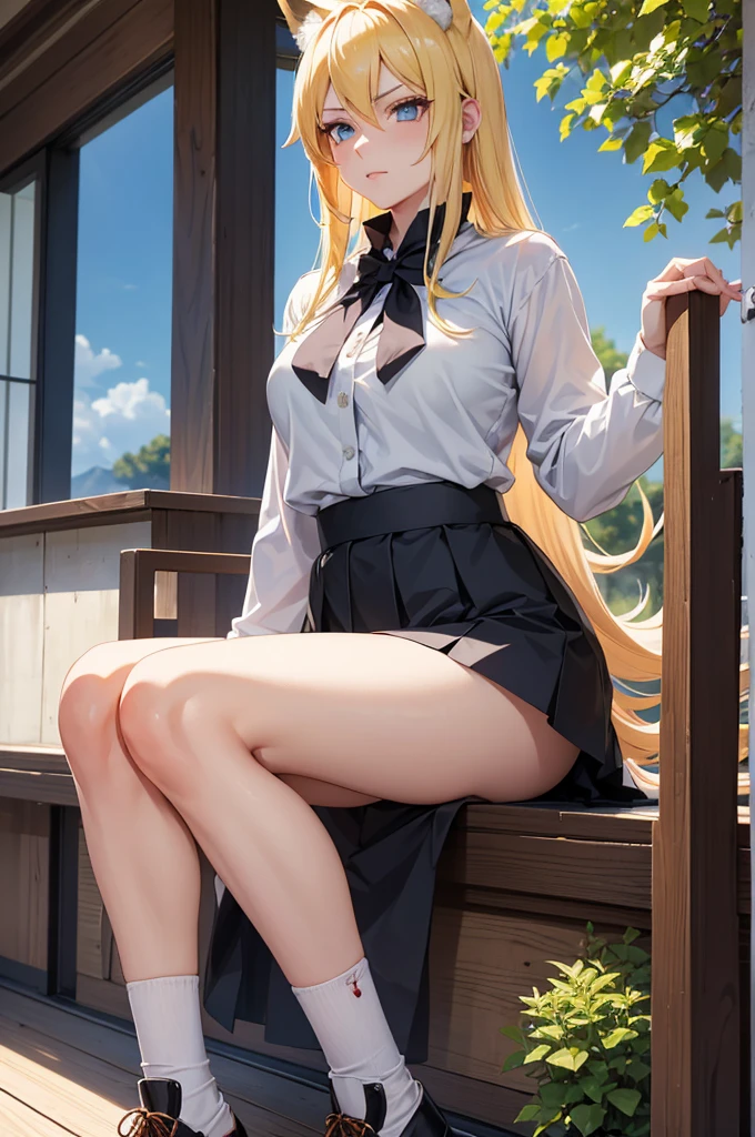 [1girl, Naruto Uzumaki as a girl, female Naruto Uzumaki, gender swapped Naruto, Naruko, Naruto as a female, gender swap, female Naruto Uzumaki (anime: Naruto), female/girl/woman, beautiful blond hair, blond hair, blue eyes, beautiful blue eyes, detailed blue eyes, perfect eyes, fashionable modern outfit, modest girly outfit, fox ears]

Imagine a stunning rendition of Naruto Uzumaki, but reimagined as a girl - let's call her Naruko. Picture her with beautiful, flowing blond hair cascading down her shoulders like golden strands of sunlight. Her eyes, a mesmerizing shade of azure, sparkle with an intensity that draws you in, each detail meticulously crafted to perfection. Naruko stands confidently, exuding strength and determination, yet there's a softness to her features that speaks of her feminine grace.

Now, envision her attire - a modern ensemble that perfectly complements her vibrant personality. She wears a sleek black skirt that accentuates her slender waist and elongates her legs, paired with a crisp white knotted shirt that adds a touch of sophistication to her look. The contrast between the black skirt and the white shirt creates a striking visual effect, highlighting Naruko's confident sense of style.

But what truly sets Naruko apart are the adorable fox ears perched atop her head, a whimsical touch that adds an enchanting allure to her appearance. These ears, with their soft fur and delicate tufts, give her a playful yet mysterious air, hinting at the hidden depths of her character.

Completing her ensemble, she wears a pair of trendy ankle boots in a neutral tone, adding a touch of urban chic to her attire. Naruko carries herself with poise and confidence, embodying the essence of modern femininity with a dash of fox-like charm.

[High quality, 8k, perfect image, best image, highly detailed, detailed, beautiful]
