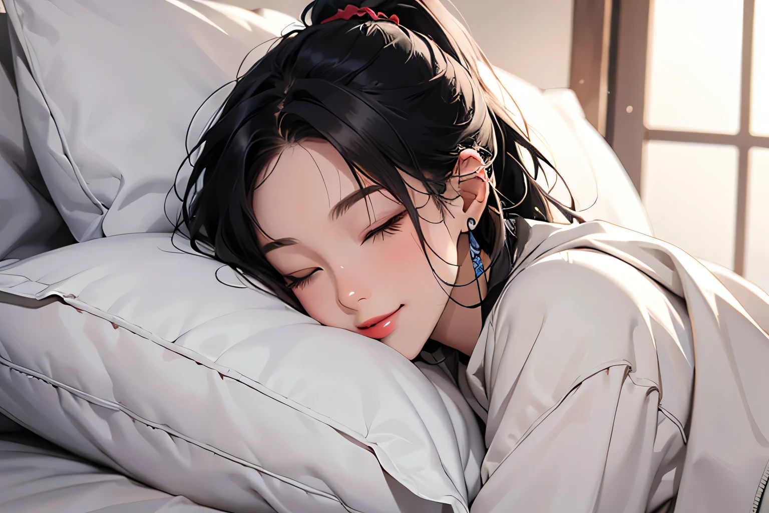 (8k, RAW photo, highest quality, masterpiece), high resolution RAW color photo, , long hair, 21 years old, ponytail, futon, pillow, eyes closed, bed, sleeping, lying, under the covers , blanket, lying, blanket, under the covers, indoors, upper body,, ultra details, masterpiece, top quality, aesthetic, details,, alone, seductive smile, red lips, one girl, black hair, medium chest, low hair ring,