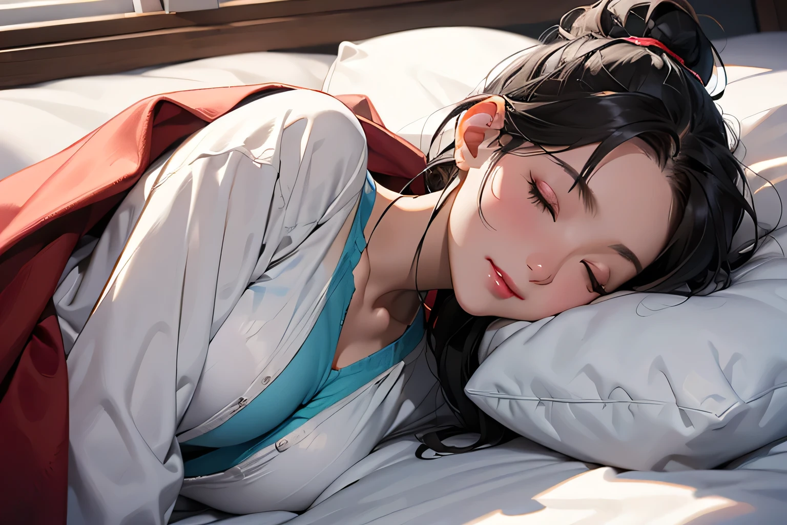 (8k, RAW photo, highest quality, masterpiece), high resolution RAW color photo, , long hair, 21 years old, ponytail, futon, pillow, eyes closed, bed, sleep, underwear, under the covers, blanket , cleavage, blanket, under the covers, indoors, upper body,, ultra details, masterpiece, top quality, aesthetic, details,, alone, seductive smile, red lips, one girl, black hair, D cup breasts, low hair ring,