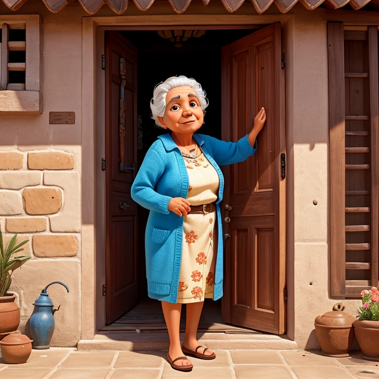 Abuela abriendo una puerta de una casa antigua