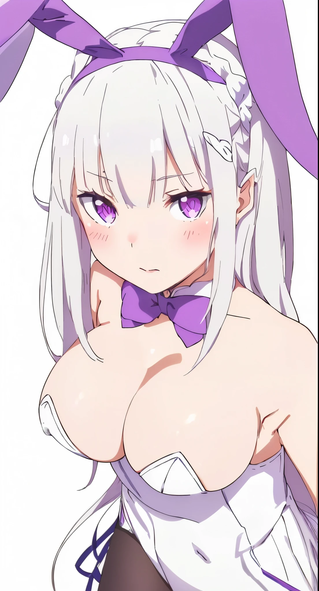 Emilia re:zero, purple eyes, Emilia, crown braid, x hair ornament, flower hair ornament, white hair, long hair, medium breasts, anime girl with bunny ears and a bow tie, bunny suit, leggings, leotard, playboy bunny, ahegao, oppai, shikamimi, seductive anime girl, , reisen udongein inaba, with bunny ears, with big rabbit ears, breasts covered and sfw, fluffy chest, anime moe artstyle, bunny girl, ahegao face, sie boob