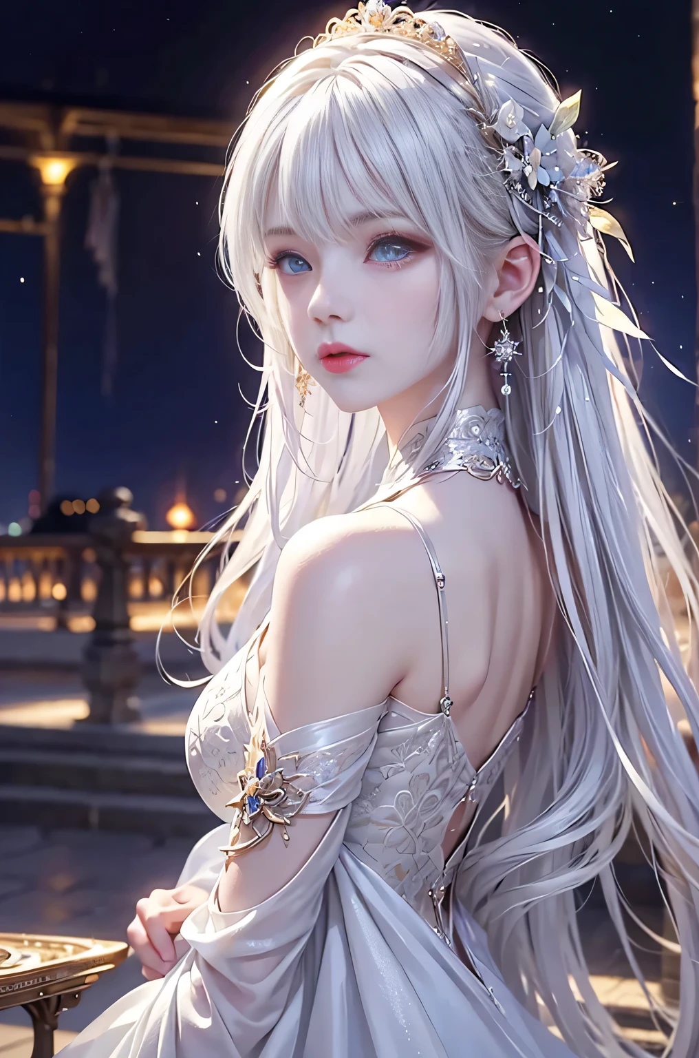Night view,star,(White Haired Girl:1.5),((masterpiece))、(detailed)、(Backlight)(A fantastic atmosphere、Ancient capital、Amazing beauty images,((1girl))、white dust、It looks like they're dancing、Suspended particles), (Black Dress:1.4、Long dress with sleeves、Exposing shoulders、Off the shoulder)、(Gray hair that changes with light、length, Lustrous white hair、WHITE hair fluttering in the wind)、(Beautiful white and shining skin、Cheek gloss highlighter、Sexy and very beautiful and adorable face、The most beautiful face in the world、big, Sparkling blue eyes)、(Cute 25 year old girl、small beautiful breasts、Great cleavage、Delicate shoulders、Perfect figure)(Close-up image:1.2)