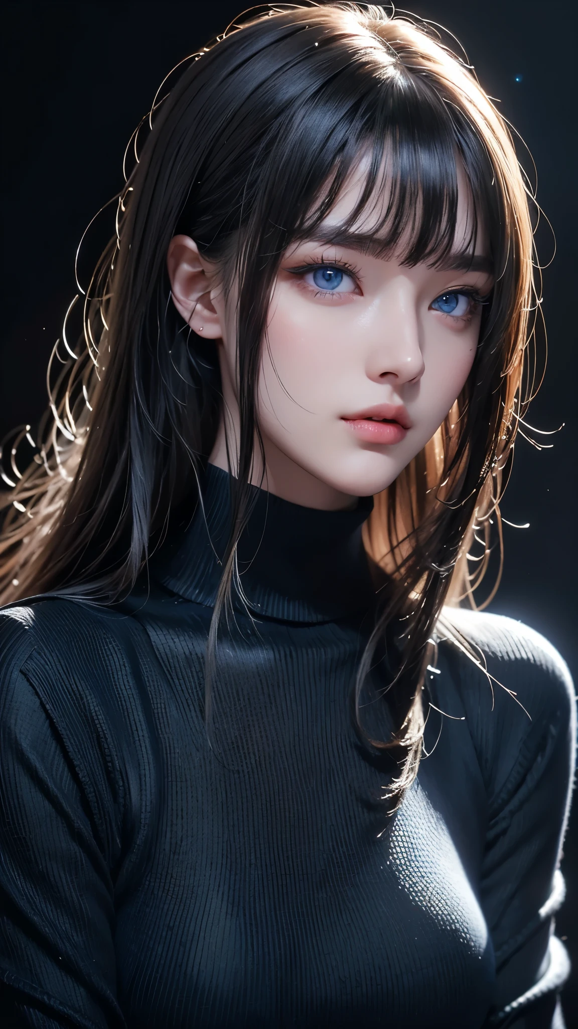 masterpiece, highest quality, Super detailed, Facing the camera, 複雑に詳細なSuper detailed, Realistic, Sharp features, Very detailed, Sharp focus, Perfect Face, Perfect Face, Perfect symmetrical perfect eyes, Perfect Plump Lips, Flexible female form, Cinematic, Film Light, Super detailed, hyper Realistic, masterpiece, Atmospheric, High resolution, Vibrant, Dynamic Studio Lighting, ((Dark Background)), The expression when enduring pleasure, Straight bangs, blue eyes,Black sweater, Cowboy Shot,turtleneck、first round、Sexually aroused expression