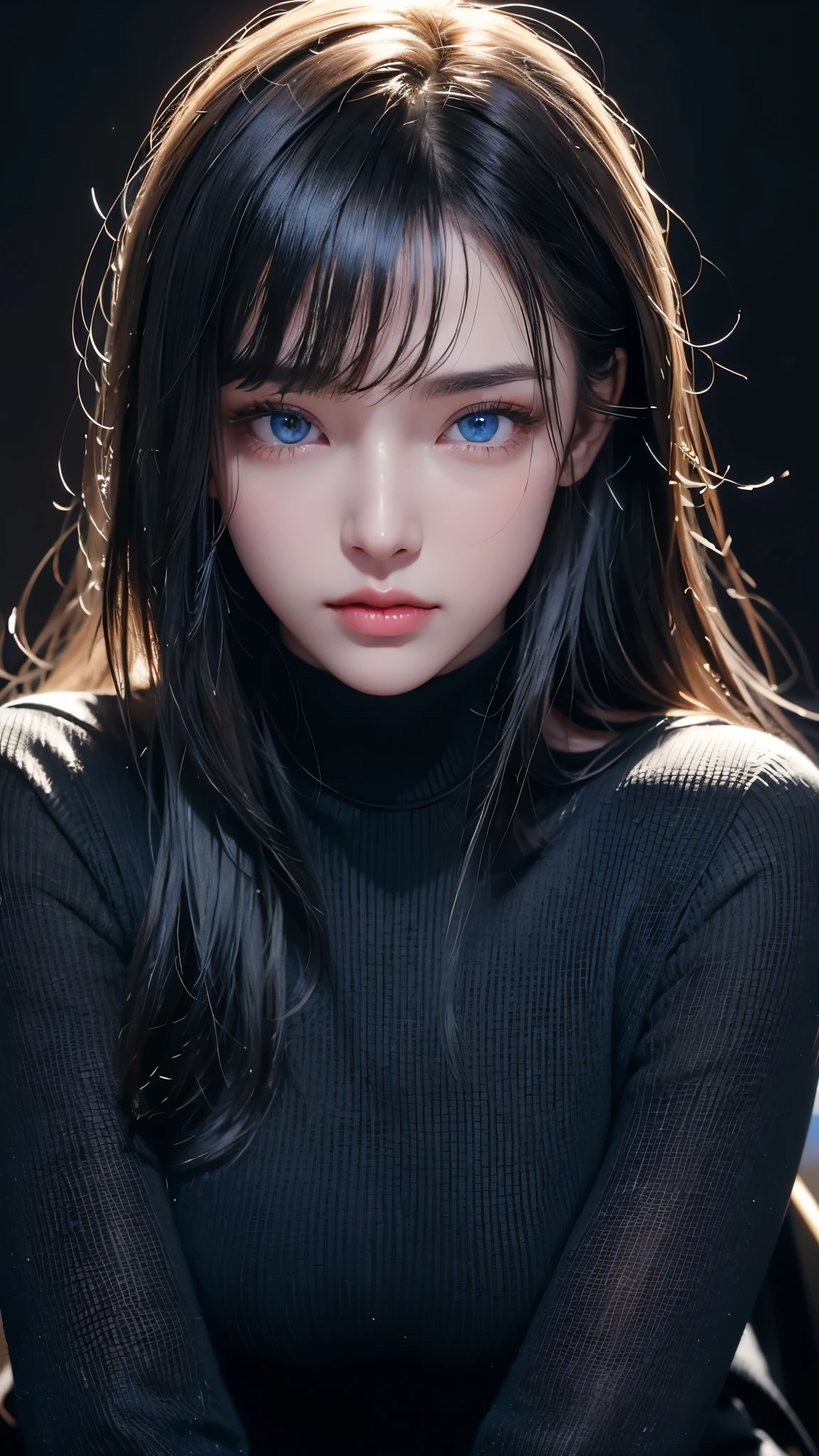 masterpiece, highest quality, Super detailed, Facing the camera, 複雑に詳細なSuper detailed, Realistic, Sharp features, Very detailed, Sharp focus, Perfect Face, Perfect Face, Perfect symmetrical perfect eyes, Perfect Plump Lips, Flexible female form, Cinematic, Film Light, Super detailed, hyper Realistic, masterpiece, Atmospheric, High resolution, Vibrant, Dynamic Studio Lighting, ((Dark Background)), The expression when enduring pleasure, Straight bangs, blue eyes,Black sweater, Cowboy Shot,turtleneck、first round、Sexually aroused expression