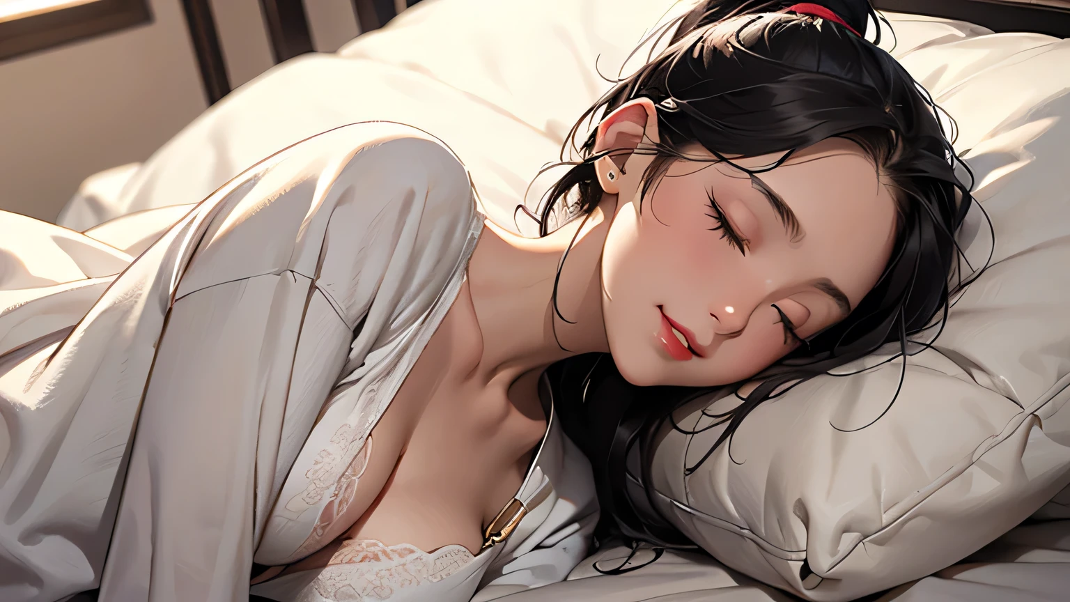 (8k, RAW photo, highest quality, masterpiece), high resolution RAW color photo, , long hair, 21 years old, ponytail, futon, pillow, eyes closed, bed, sleep, underwear, under the covers, blanket , cleavage, blanket, under the covers, indoors, upper body,, ultra details, masterpiece, top quality, aesthetic, details,, alone, seductive smile, red lips, one girl, black hair, D cup chest, low hair ring, night sweats,