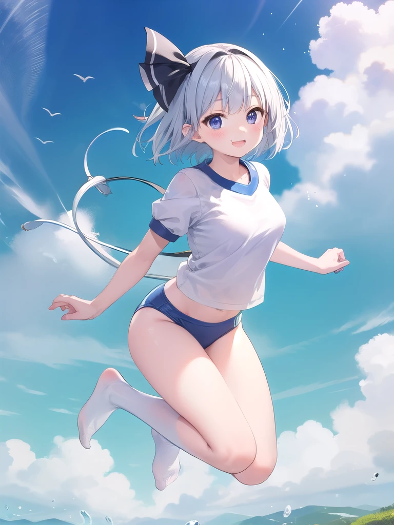 (((((whole body)))))、Youmu, Very cute white gym uniform 、smile、Floating、No shoes、、