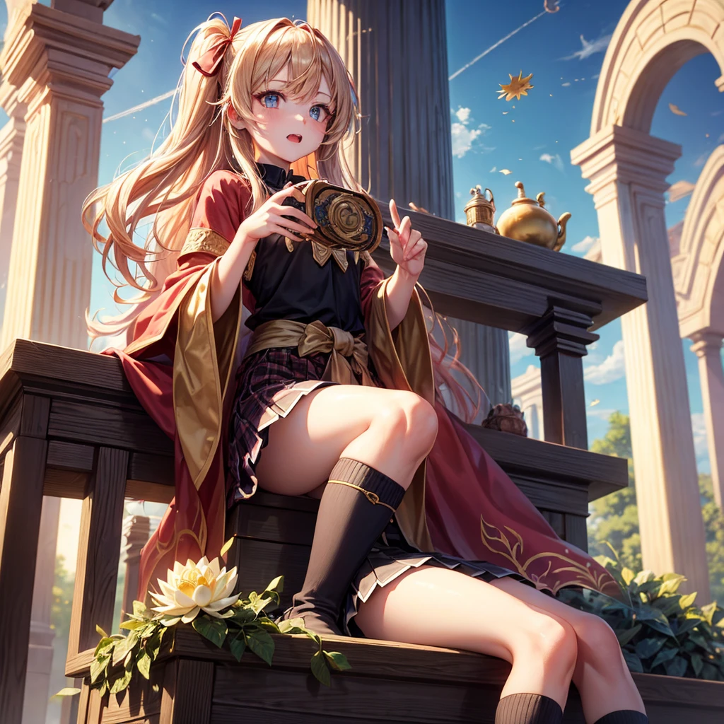 Pink gold golden hair、Golden Eyes、One good looking girl、solo、anime、Checkered mini skirt、Ruffles on the skirt、Red T-shirt、Cape、Gothic、Black knee-high socks、Wearing a ribbon、Ribbon on waist、Tilting face、Teeth are visible、Sunset sky、Piercing the clouds、Contrail、lens、tree、Touching your face、lotus leaves、Cumulonimbus、Pillar of Light、Magic wand、Sitting on top of a treasure chest