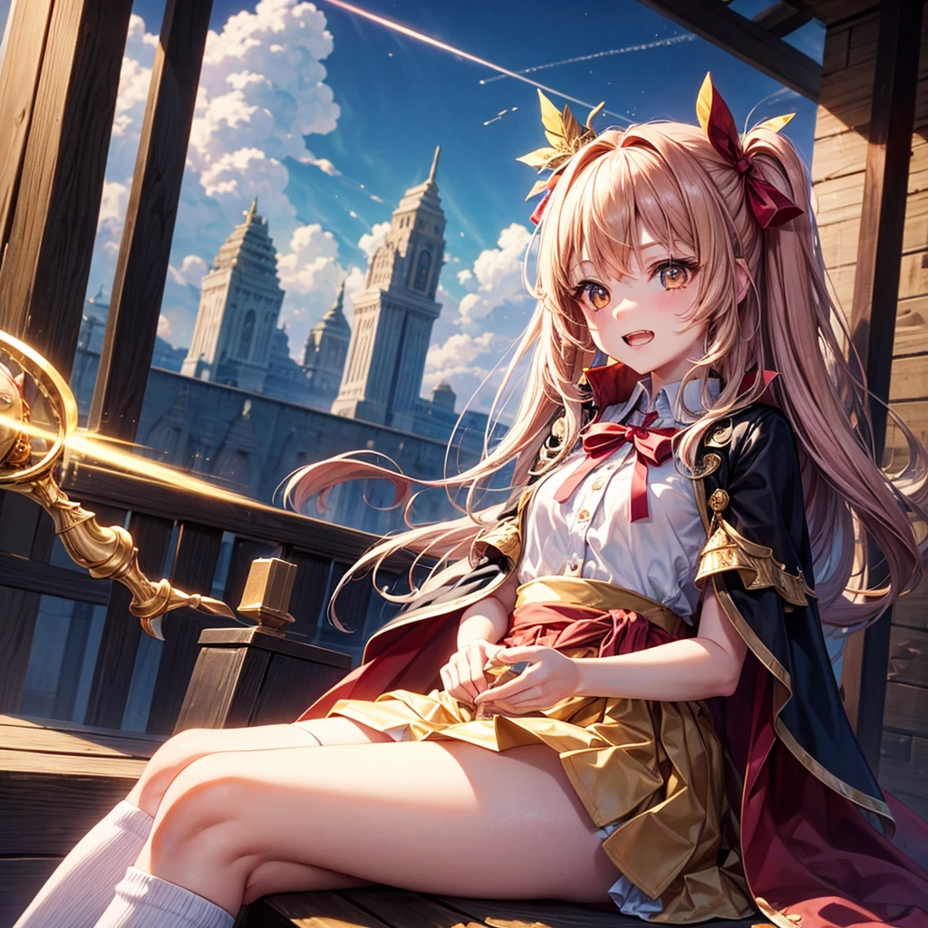 Pink gold golden hair、Golden Eyes、One good looking girl、solo、anime、Checkered mini skirt、Ruffles on the skirt、Red T-shirt、Cape、Gothic、Black knee-high socks、Wearing a ribbon、Ribbon on waist、Tilting face、Teeth are visible、Sunset sky、Piercing the clouds、Contrail、lens、tree、Touching your face、lotus leaves、Cumulonimbus、Pillar of Light、Magic wand、Sitting on top of a treasure chest