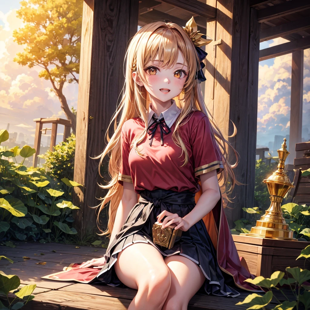 Pink gold golden hair、Golden Eyes、One good looking girl、solo、anime、Checkered mini skirt、Ruffles on the skirt、Red T-shirt、Cape、Gothic、Black knee-high socks、Wearing a ribbon、Ribbon on waist、Tilting face、Teeth are visible、Sunset sky、Piercing the clouds、Contrail、lens、tree、Touching your face、lotus leaves、Cumulonimbus、Pillar of Light、Magic wand、Sitting on top of a treasure chest