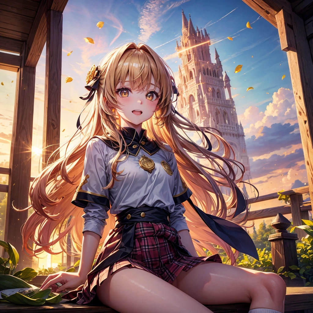 Pink gold golden hair、Golden Eyes、One good looking girl、solo、anime、Checkered mini skirt、Ruffles on the skirt、Red T-shirt、Cape、Gothic、Black knee-high socks、Wearing a ribbon、Ribbon on waist、Tilting face、Teeth are visible、Sunset sky、Piercing the clouds、Contrail、lens、tree、Touching your face、lotus leaves、Cumulonimbus、Pillar of Light、Magic wand、Sitting on top of a treasure chest