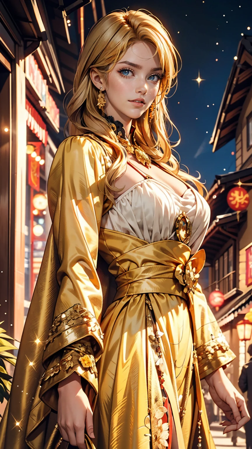 girl, Flowing golden blonde hair, Yellow Eyes, Golden Imperial Costume, Neckline, anime, In the background there is a clear sky with sparkling lights, Dynamic Angle, Arrogant Laugh