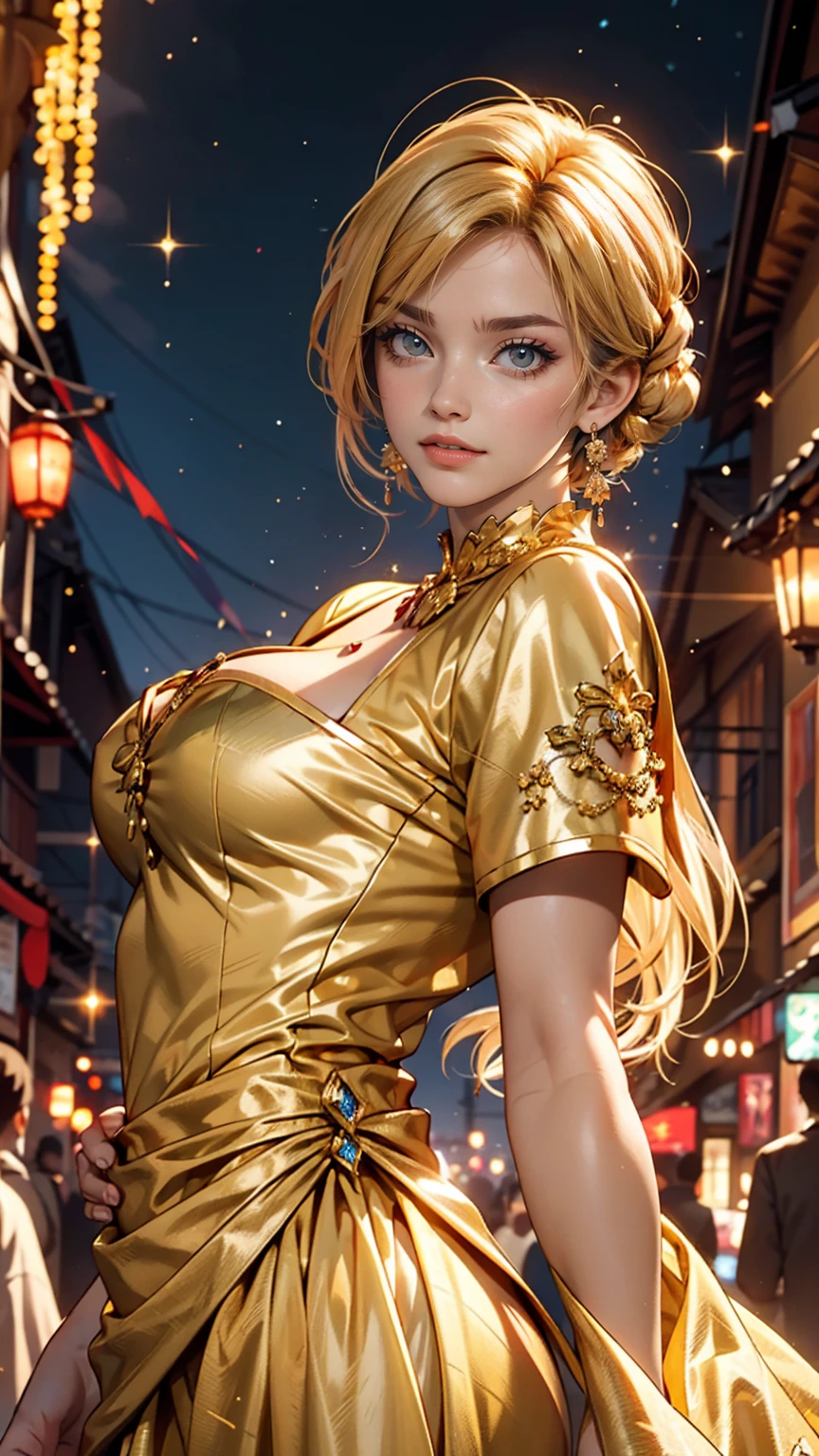 girl, Flowing golden blonde hair, Yellow Eyes, Golden Imperial Costume, Neckline, anime, In the background there is a clear sky with sparkling lights, Dynamic Angle, Arrogant Laugh