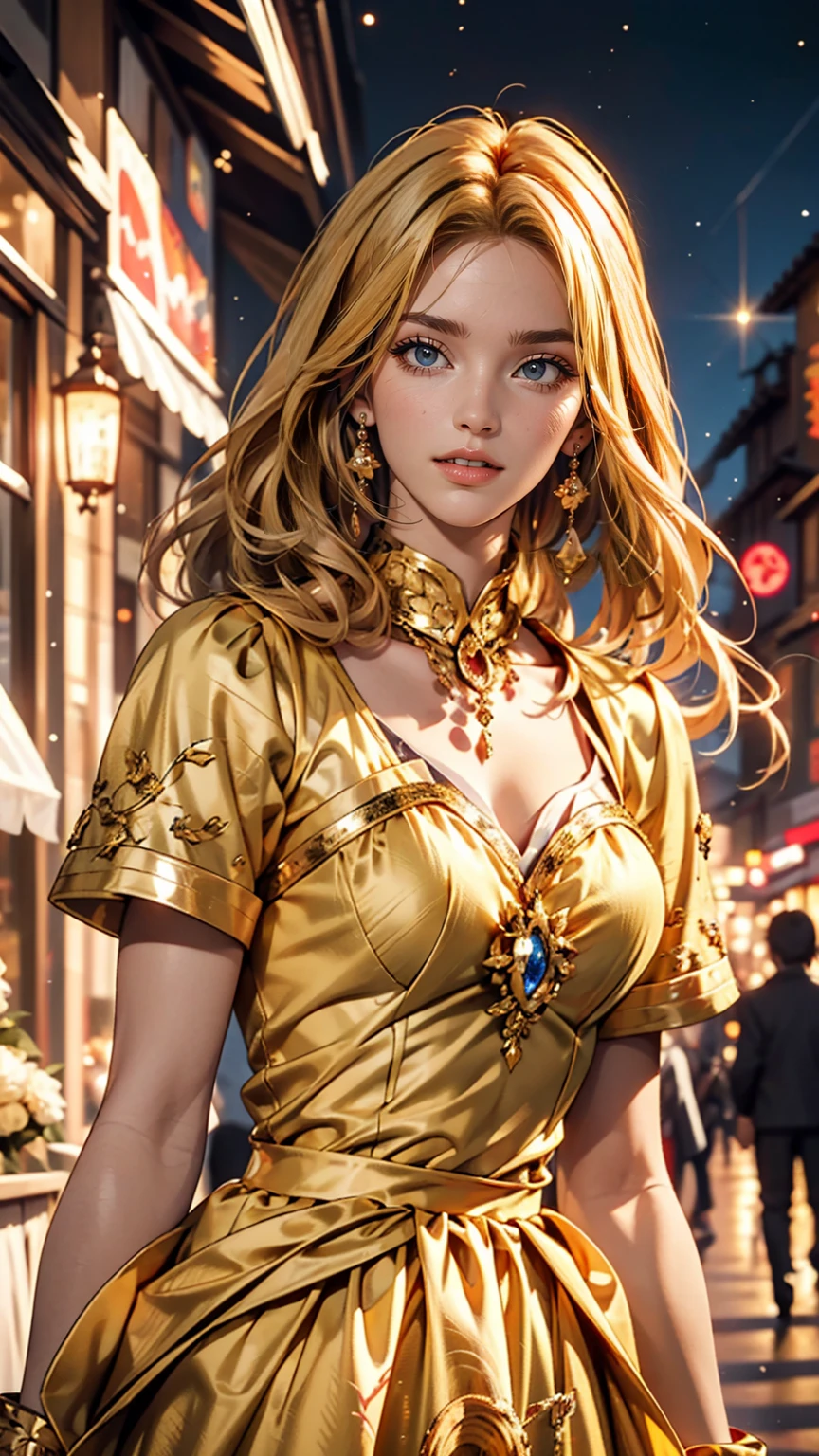 girl, Flowing golden blonde hair, Yellow Eyes, Golden Imperial Costume, Neckline, anime, In the background there is a clear sky with sparkling lights, Dynamic Angle, Arrogant Laugh