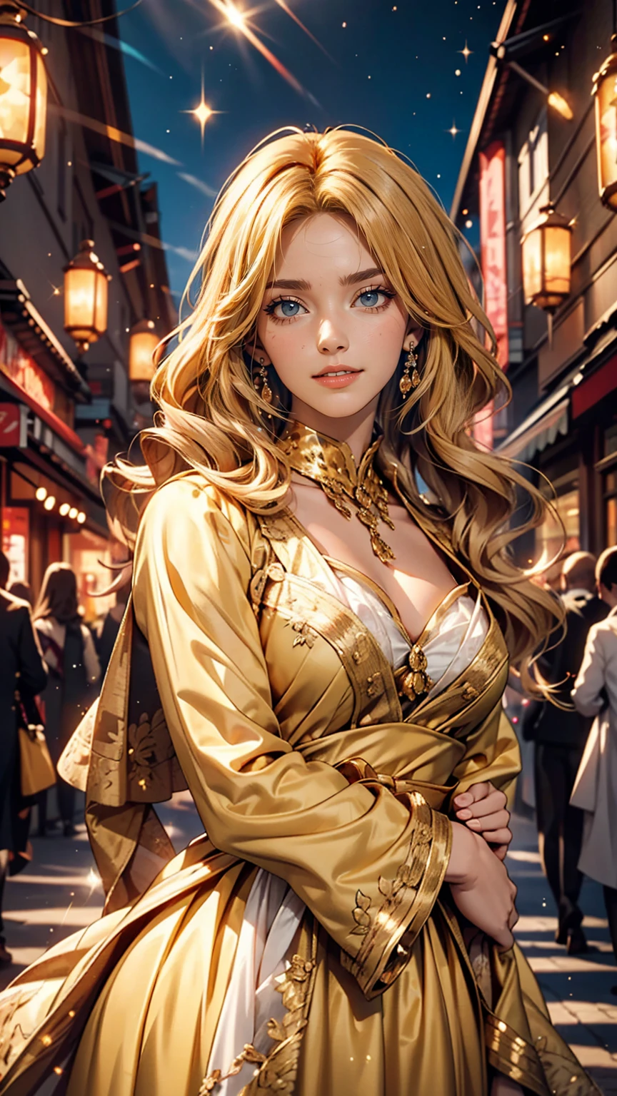 girl, Flowing golden blonde hair, Yellow Eyes, Golden Imperial Costume, Neckline, anime, In the background there is a clear sky with sparkling lights, Dynamic Angle, Arrogant Laugh