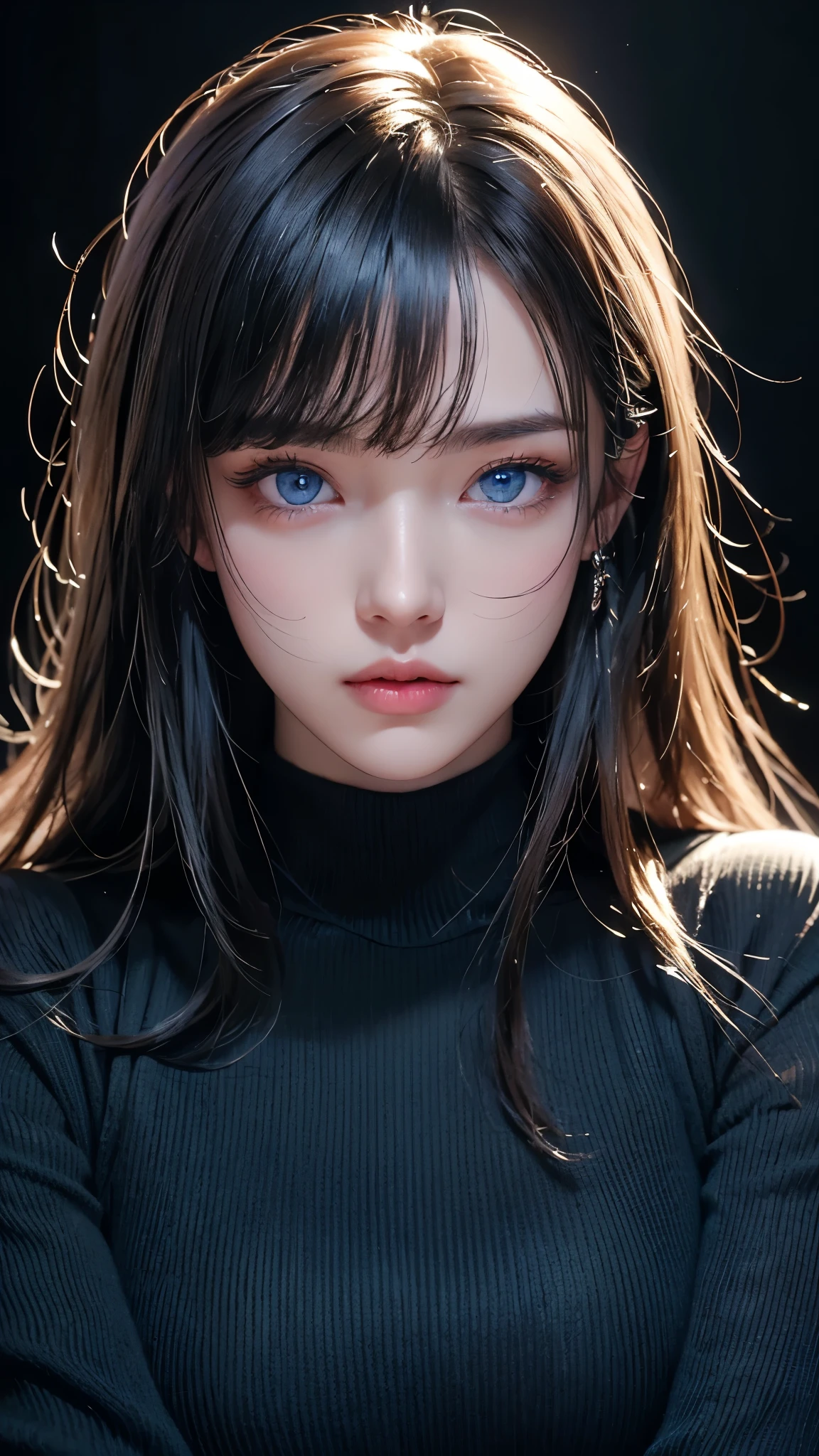 masterpiece, highest quality, Super detailed, Facing the camera, 複雑に詳細なSuper detailed, Realistic, Sharp features, Very detailed, Sharp focus, Perfect Face, Perfect Face, Perfect symmetrical perfect eyes, Perfect Plump Lips, Flexible female form, Cinematic, Film Light, Super detailed, hyper Realistic, masterpiece, Atmospheric, High resolution, Vibrant, Dynamic Studio Lighting, ((Dark Background)), The expression when enduring pleasure, Straight bangs, blue eyes,Black sweater, Cowboy Shot,turtleneck、first round、Sexually aroused expression