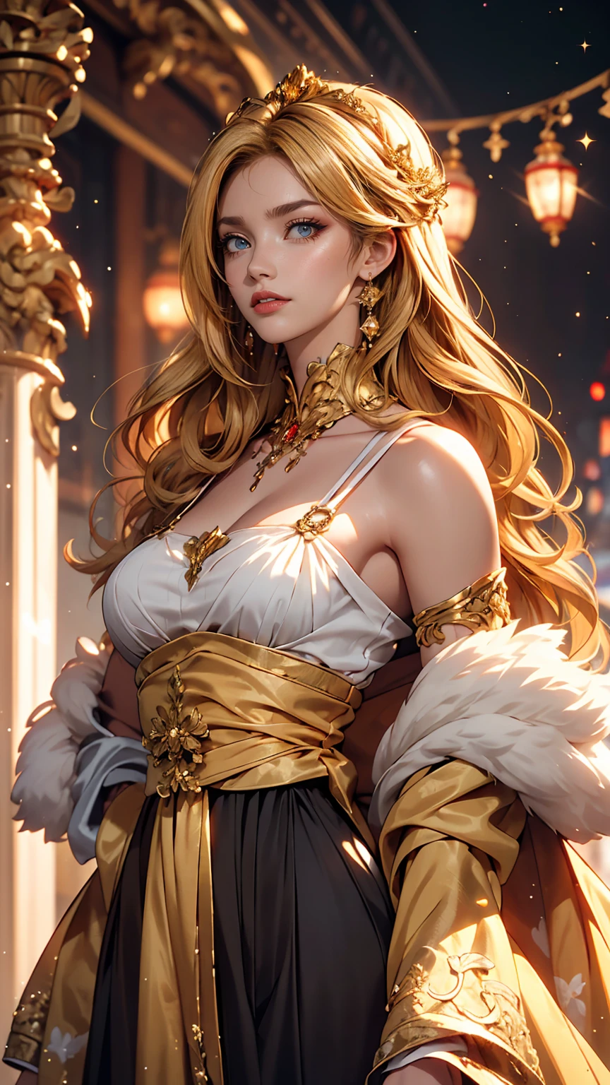 girl, Flowing golden blonde hair, Yellow Eyes, Golden Imperial Costume, Neckline, anime, In the background there is a clear sky with sparkling lights, Dynamic Angle, Arrogant Laugh