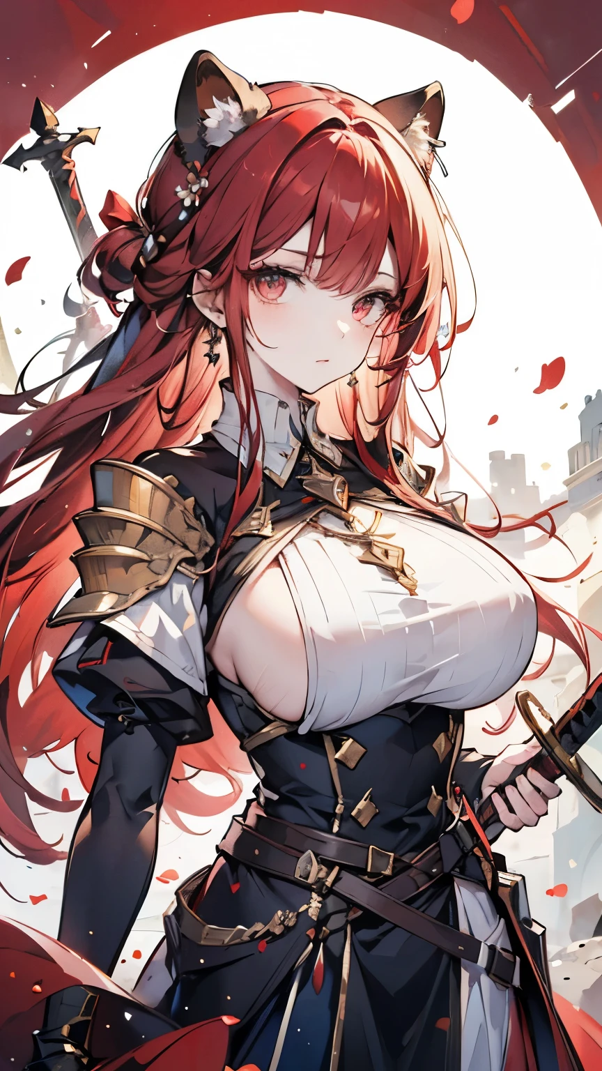 ((best quality)), ((masterpiece)), (detailed), perfect face, Highly detailed face, detailed eyes, (looking at viewer:1.2), (red hair), bangs, ((hair over shoulder)), floating hair, raccoon ears, The armor worn by medieval Western knights, the shiny design, the toned waist, the emphasized chest, the fantasy novels, the powerful gaze, she holds a long, huge sword that shines red.