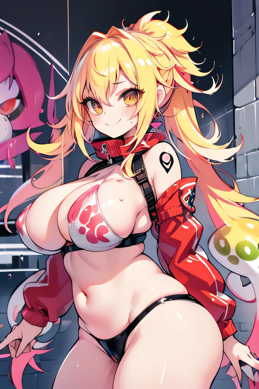Erotic Anime Illustration、highest quality、Sex Appeal、Main street of the big city、smile、Graffiti art on the wall、Selling aphrodisiacs、Splatoon、A plump gal who draws graffiti art、Perfect proportions、Very large breasts、Fatty legs、Beautiful, shining eyes、Sweaty、Cowboy Shot、Nero Claudius