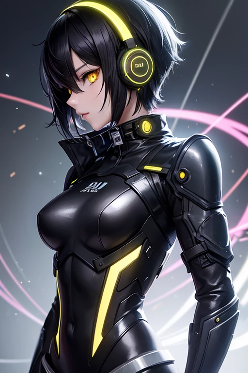 Short black hair　Anime Beautiful Girl　cyber punk　Sparkling　Headphones　Yellow Eyes