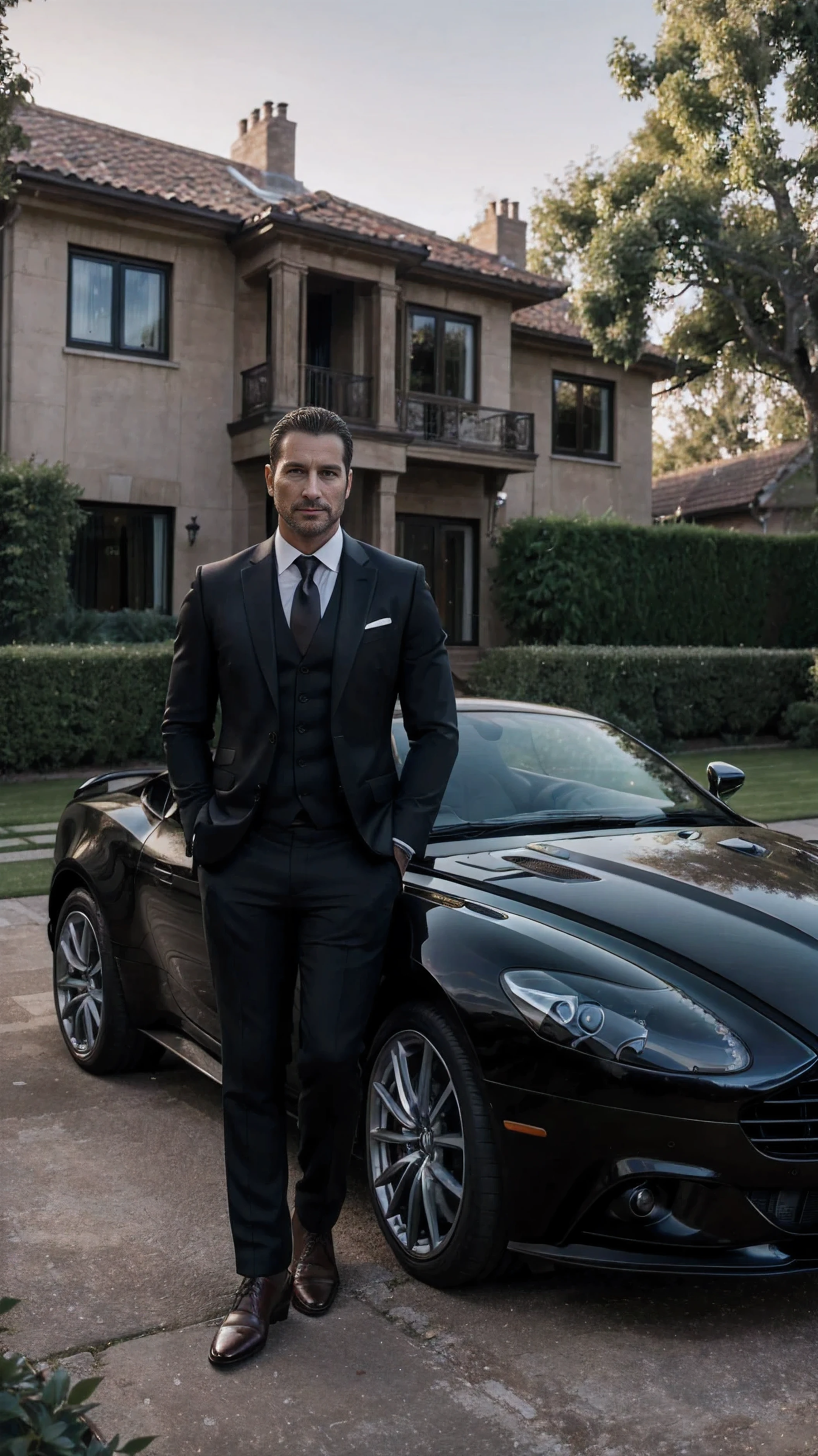 Best quality, masterpiece, ultra-high resolution, (Photo realistic), rich, the most handsome man on earth, 37 years old, in a business suit, in good physical shape, with stubble on his face, standing next to an Aston Martin Valhalla car, leaning on it, on background of a two-story house and garden, evening time, very atmospheric